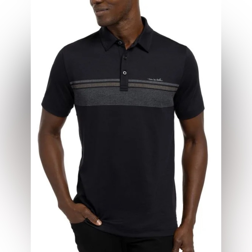 Travis Mathew Black Polo Shirt with Gray Stripes-L